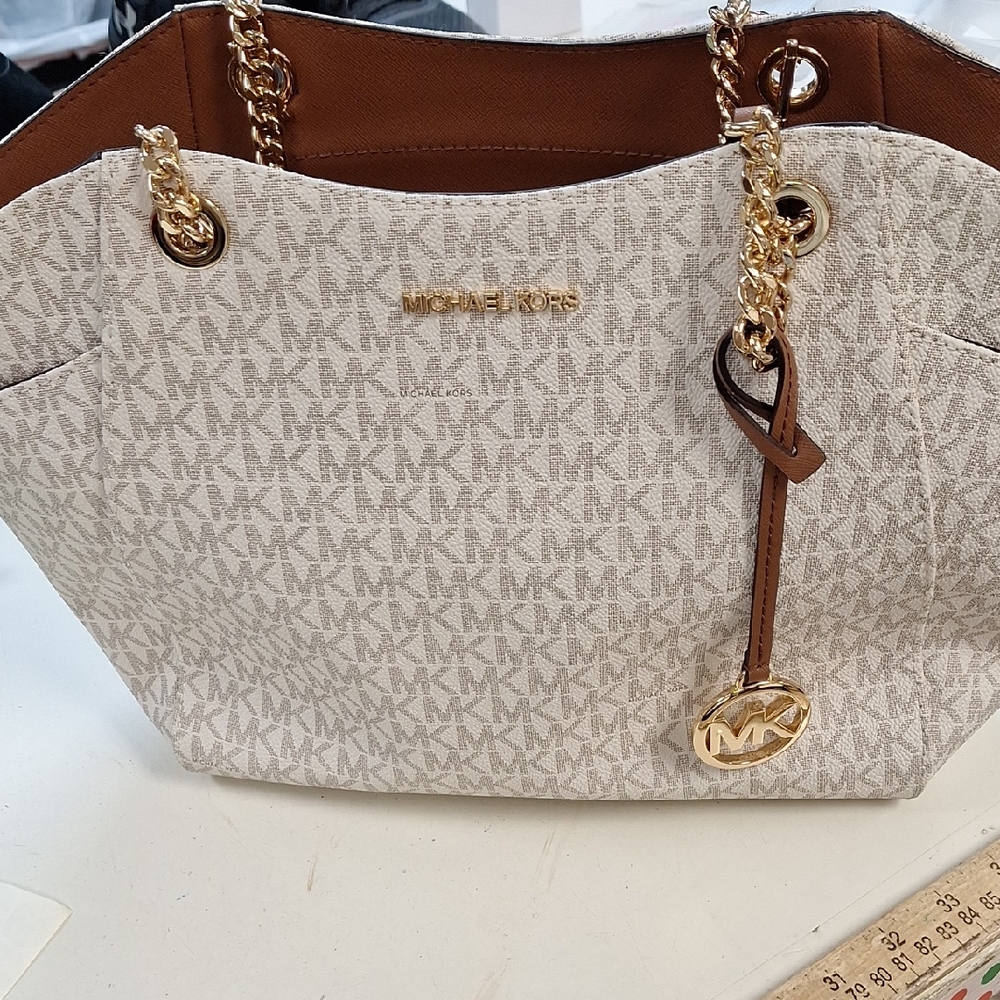 Michael Kors Cream and Brown Tote with Gold Accents